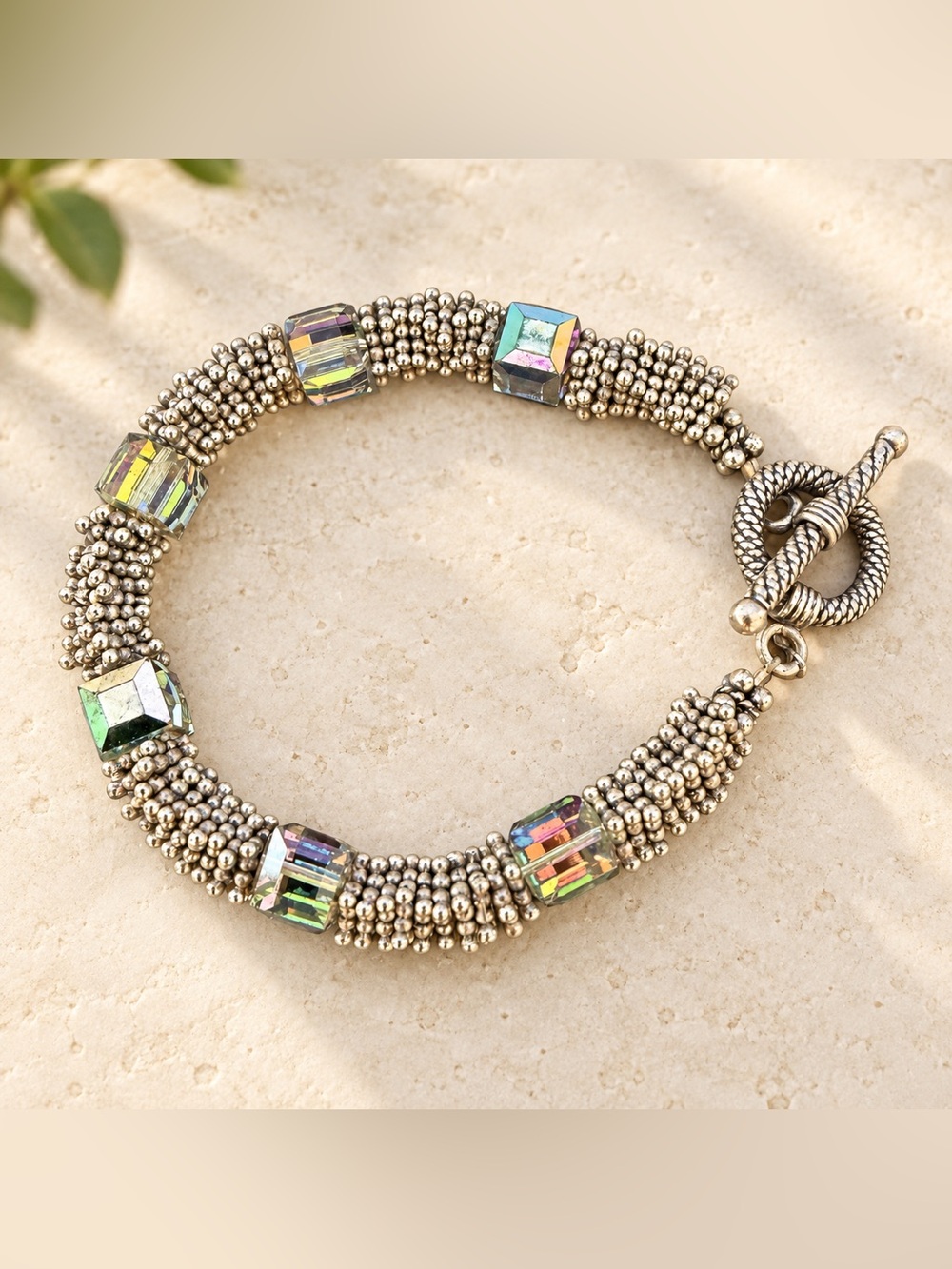 Silver Beaded Bracelet with Iridescent Crystal Accents and Toggle Clasp